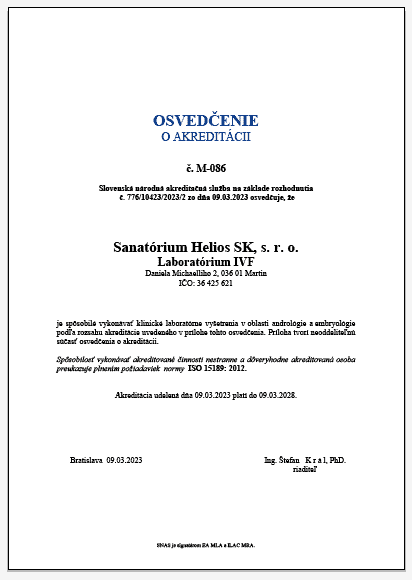 <strong>Akreditace laboratoře Sanatória Helios SK v Martině</strong> 1 - Sanatorium Helios CZ akreditace